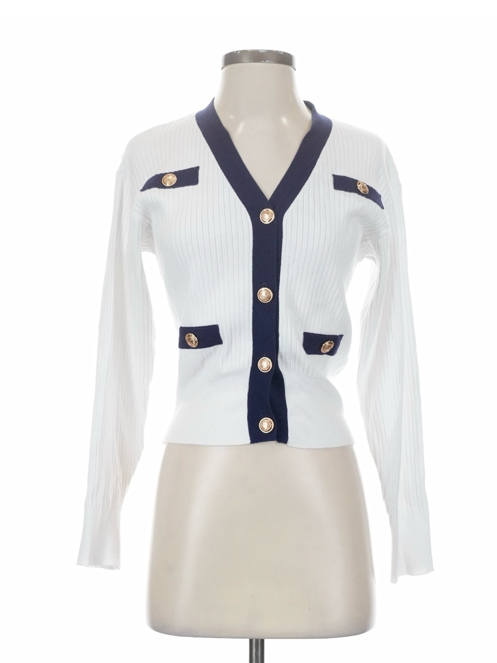 Commense White Ribbed Cardigan with Navy Trim and Gold Buttons